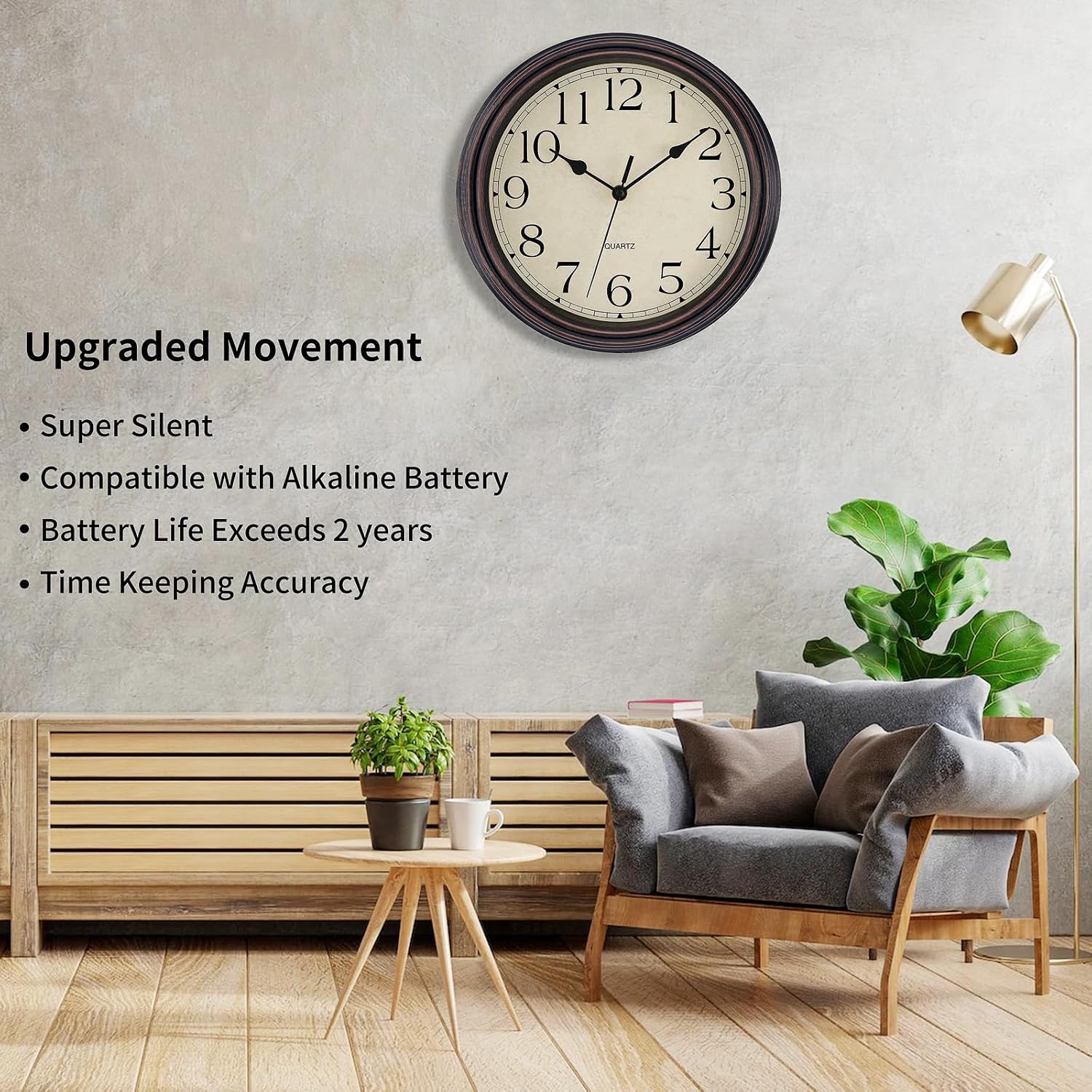 Ashenby 12 Inch Retro Wall Clock Round Silent Battery Operated Clock, Bronze, 15.84 ounces, Bronze Retro