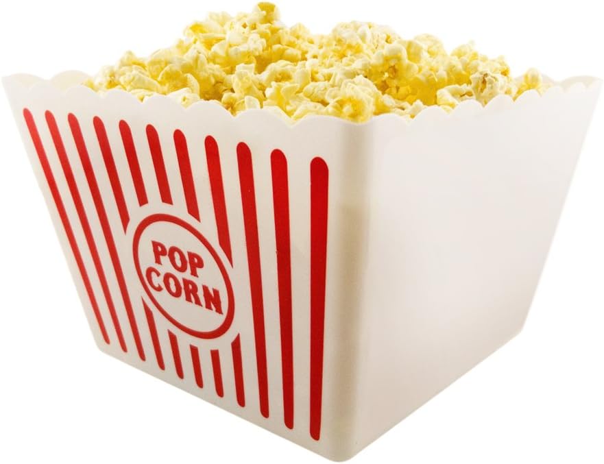 Aldernest Plastic Red & White Striped Classic Popcorn Containers for Movie Night - 9.25" Square x 5.9" Deep, 7.5 ounces, 1pack