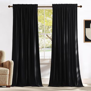 Birchmont Black Velvet Blackout Curtains 96 inch Long 2 Panels, 2.2 kg, Black Series - Black