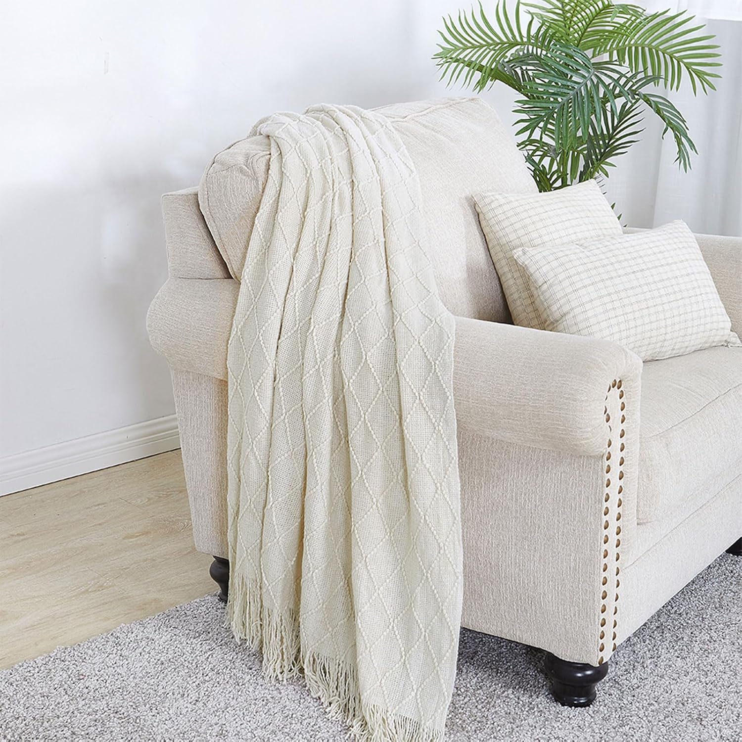 VelloHome Beige Throw Blanket 50x60 Inch Boho Knitted Soft Throw Sofa Blanket, 1.1 pounds