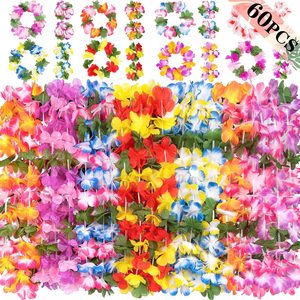Ashenby 60PCS Hawaiian Luau Leis Necklaces Bracelets Headbands Hibiscus Flowers Tropical Tiki Summer Pool Party Supplies Bulk, 0.32 kg