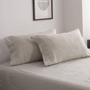 Aldernest 100% French Linen Pillowcase Queen Size-Set of 2- Washed Solid Color Pillow Cases Embroidered -Soft and Durable, 20"x30"-Embroidery
