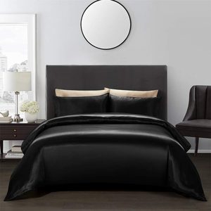 Aldernest 3 Piece Satin Duvet Cover Set Bedding Sets Queen Black 1800 Series Luxury Rich Silk Silky Super Soft Solid Color Reversible Zipper Closure