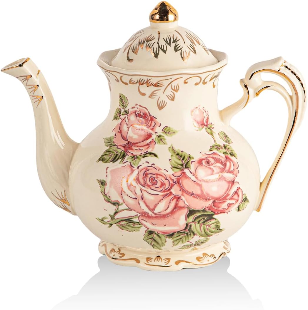 Barleyfield Small Pink Rose Teapot, 25 OZ / 2 Cup Vintage Porcelain Tea Pot, 1.1 pounds