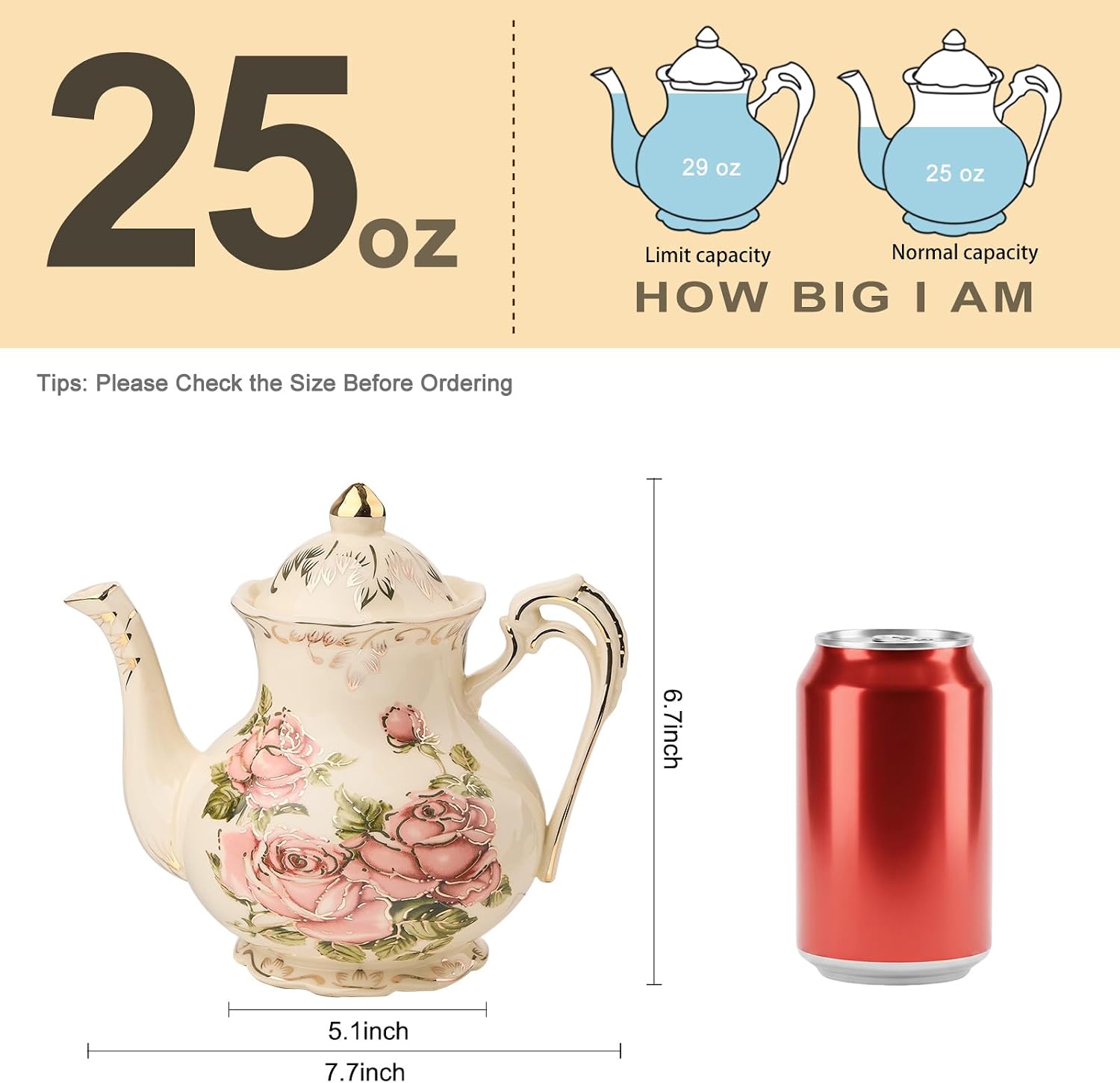 Barleyfield Small Pink Rose Teapot, 25 OZ / 2 Cup Vintage Porcelain Tea Pot, 1.1 pounds