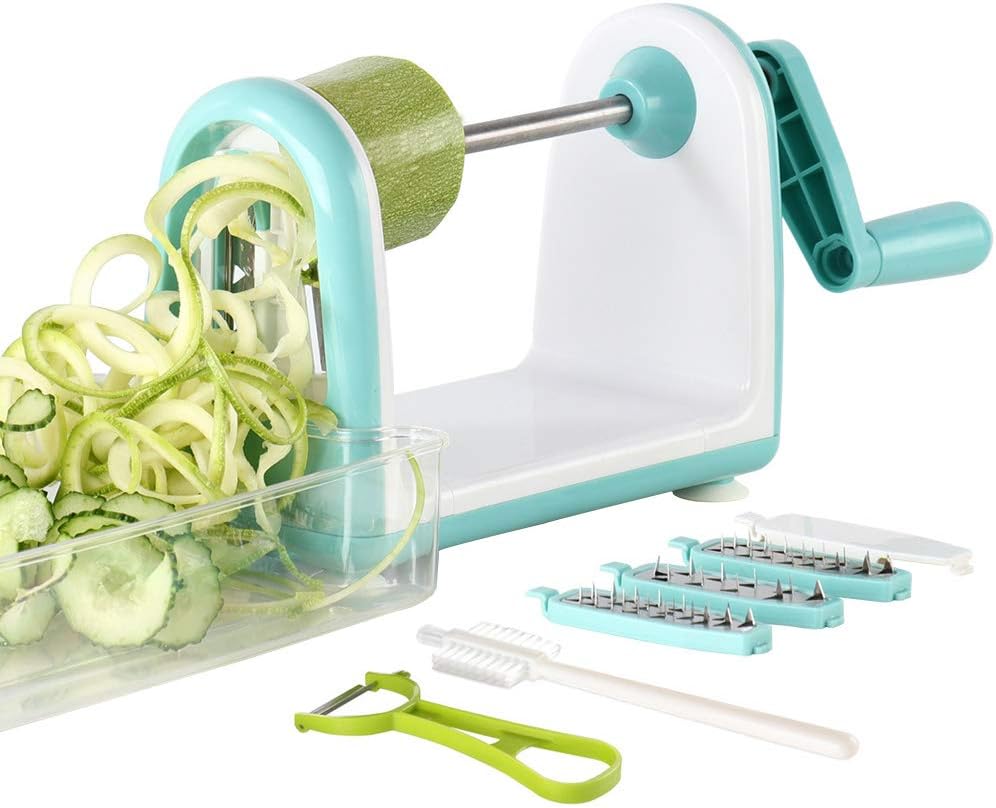 Barleyfield Zucchini Noodle Maker Spaghetti Spiralizer - 5 Blades Vegetable Slicer for Veggie Noodles and Curly Chips, 0.82 kg, Blue