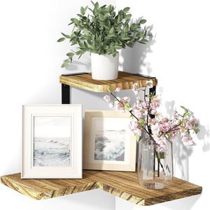 KitchNova 2-Tier Corner Wall Shelf, Rustic Wood Shelf, Carbonized Black, 643 g, 11.8 x 11.8 x 8.8 inch / 30 x 30 x 22.5 cm