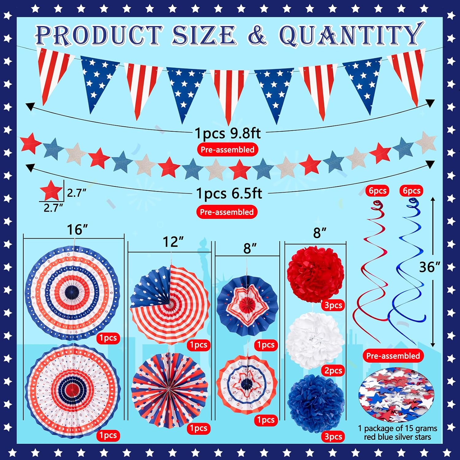 Ashenby 29PCS 4th/Fourth of July Patriotic Decorations Set, 11.36 ounces, Red, white, blue