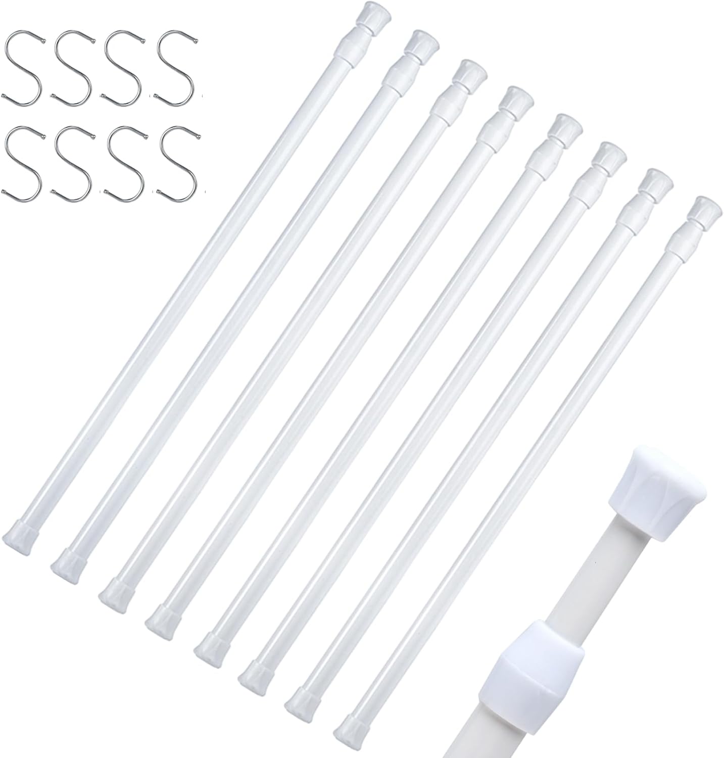 Ashenby 8 Packs Small Tension Rods 16 to 28 inch, Spring Loaded Curtain Rods, 1.6 ounces, White