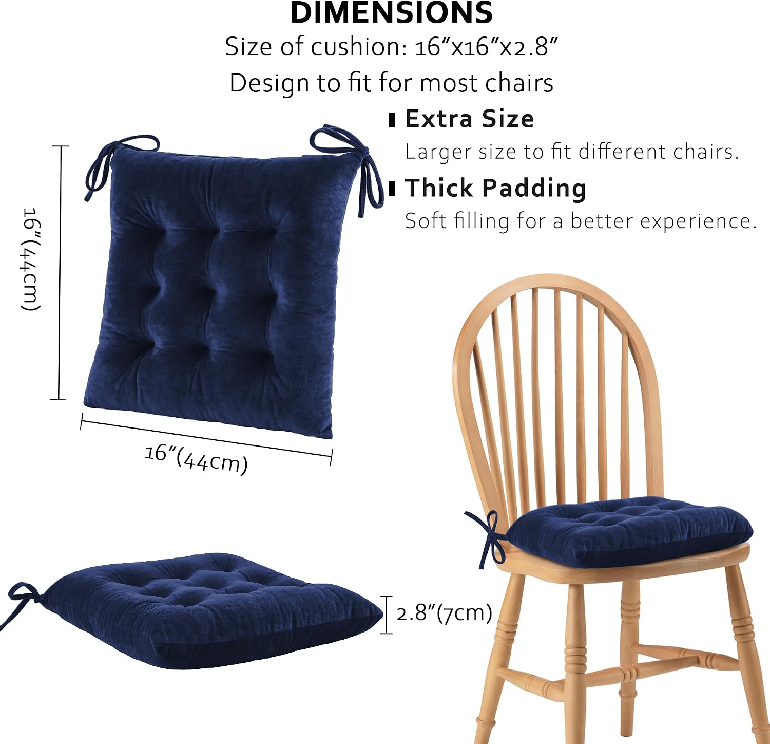 Aldernest 4 Pack Chair Cushions for Dining Chairs with Ties Navy 16"x16", 370 g