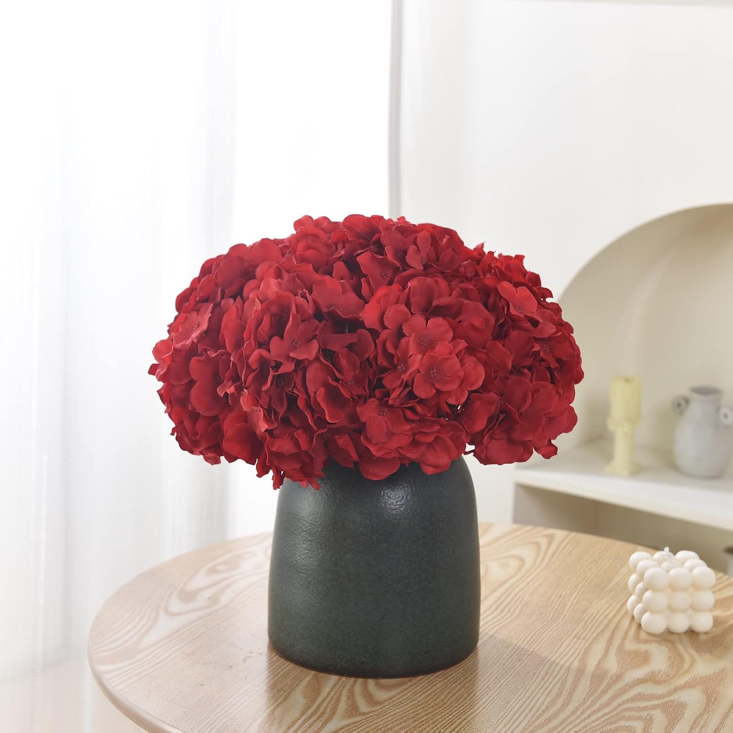 Ashenby 10PCS Silk Hydrangea Heads with Stems Artificial Flowers for Wedding Party Home Decor, 1.6 ounces, Red