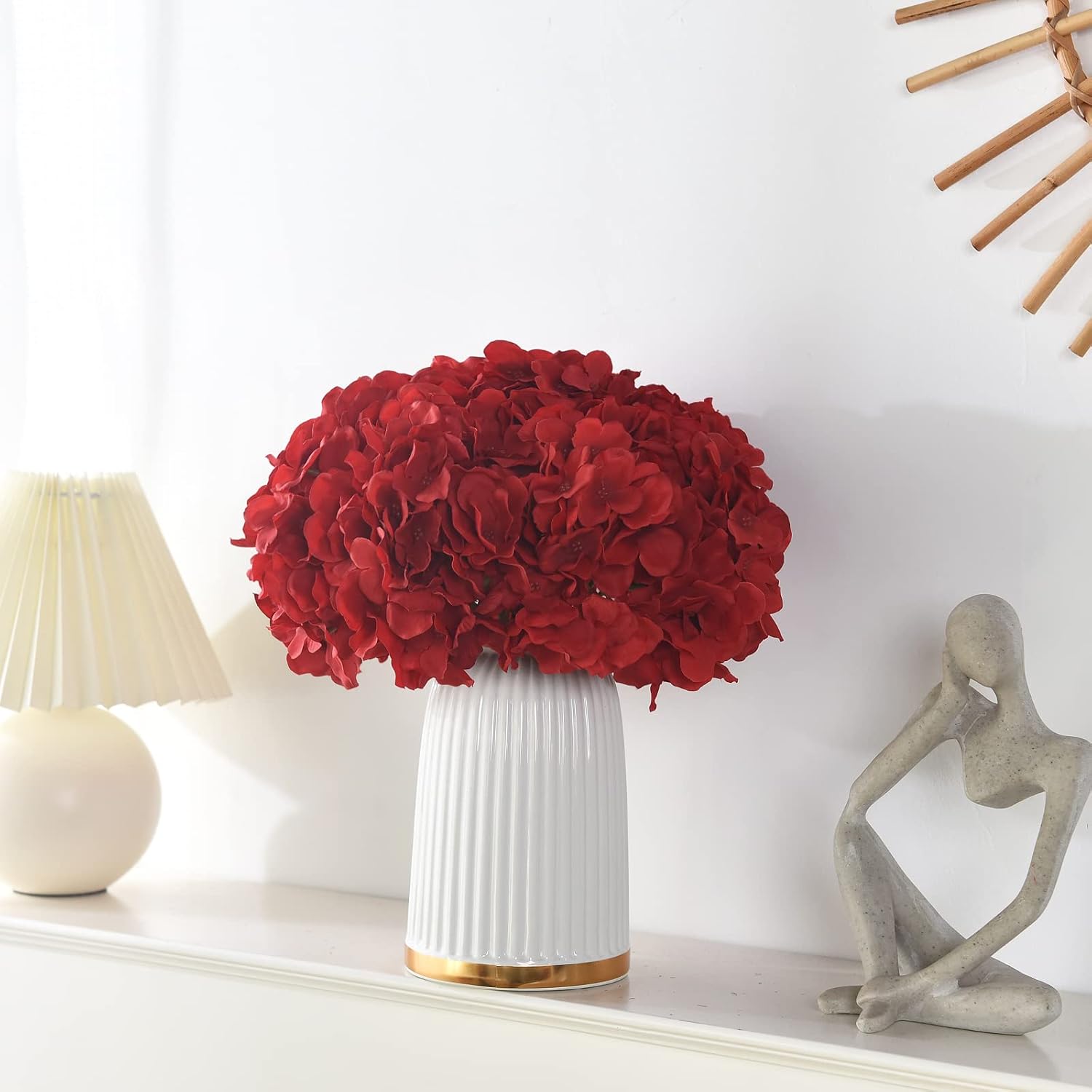 Ashenby 10PCS Silk Hydrangea Heads with Stems Artificial Flowers for Wedding Party Home Decor, 1.6 ounces, Red