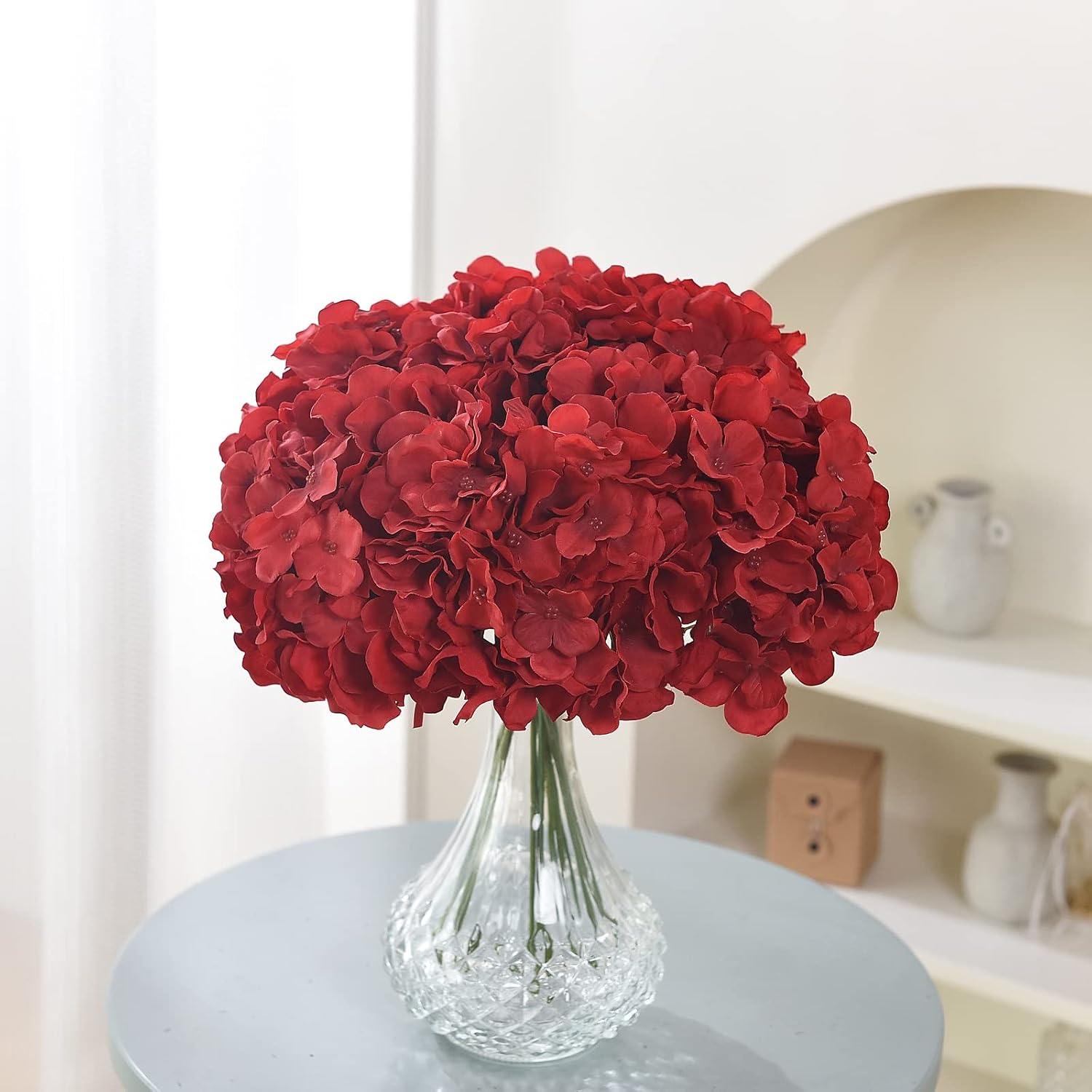Ashenby 10PCS Silk Hydrangea Heads with Stems Artificial Flowers for Wedding Party Home Decor, 1.6 ounces, Red