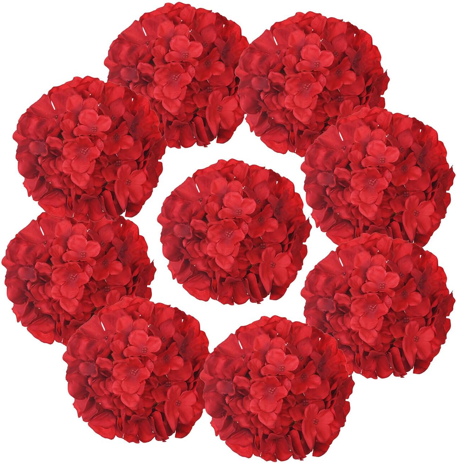 Ashenby 10PCS Silk Hydrangea Heads with Stems Artificial Flowers for Wedding Party Home Decor, 1.6 ounces, Red