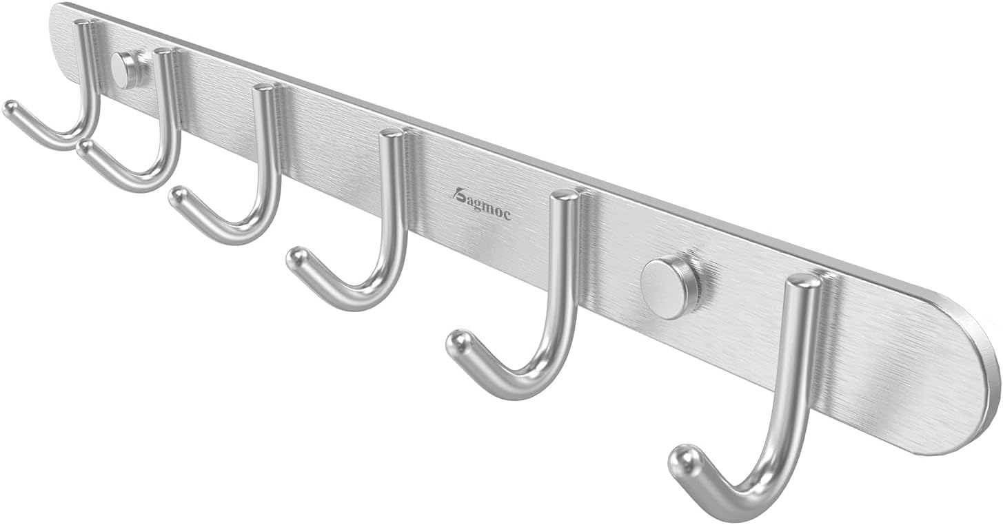 Rowanmere Coat Hook Rack Wall Mounted - Towel Hook Rail with 6 Round Hooks/16-inch/304Stainless Steel Brushed Nickel/Super Easy Installation/Rust and