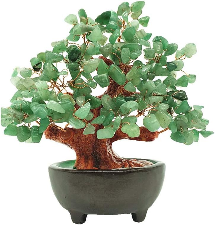 Ashenby 7 Inch Quartz Crystal Money Tree Bonsai Feng Shui Gem Decoration for Wealth and Luck, 9.6 ounces, Green