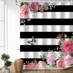 Aldernest Pink Shower Curtains for Bathroom Floral Shower Curtain Flowers Girly Butterfly Black and White Striped Shower Curtain Set with Hooks 72" W
