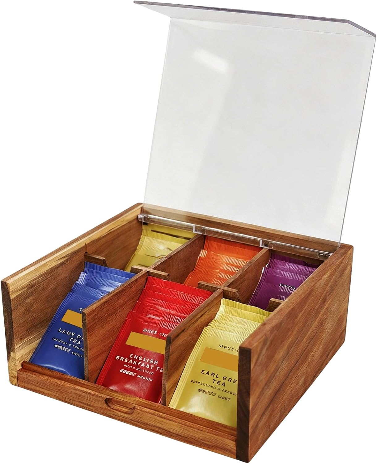 Ashenby Acacia Wood Tea Bag Organizer Storage Box with 6 Compartments, 0.85 kg, 8.7" X 8.5" X 3.7", Compact-Acacia Wood