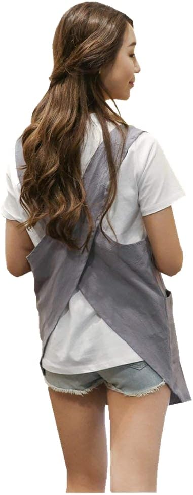 Barleyfield Shortened Design Apron, Japanese Style Soft Cotton Linen Apron with Two Side Pockets, Small, Light Gray