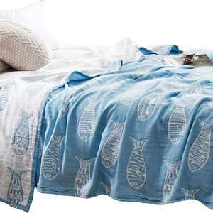 Rowanmere Fish Blue Modern Muslin Lightweight Summer Blanket for Bed Sofa Couch 100% Combed Cotton 3 Layer Soft Warm Bedspread Throw Blanket Bed