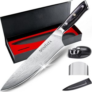 Aldernest 8" Super Sharp Professional Chef's Knife with Finger Guard and Knife Sharpener, 7.84 ounces, Silver Chef Knife