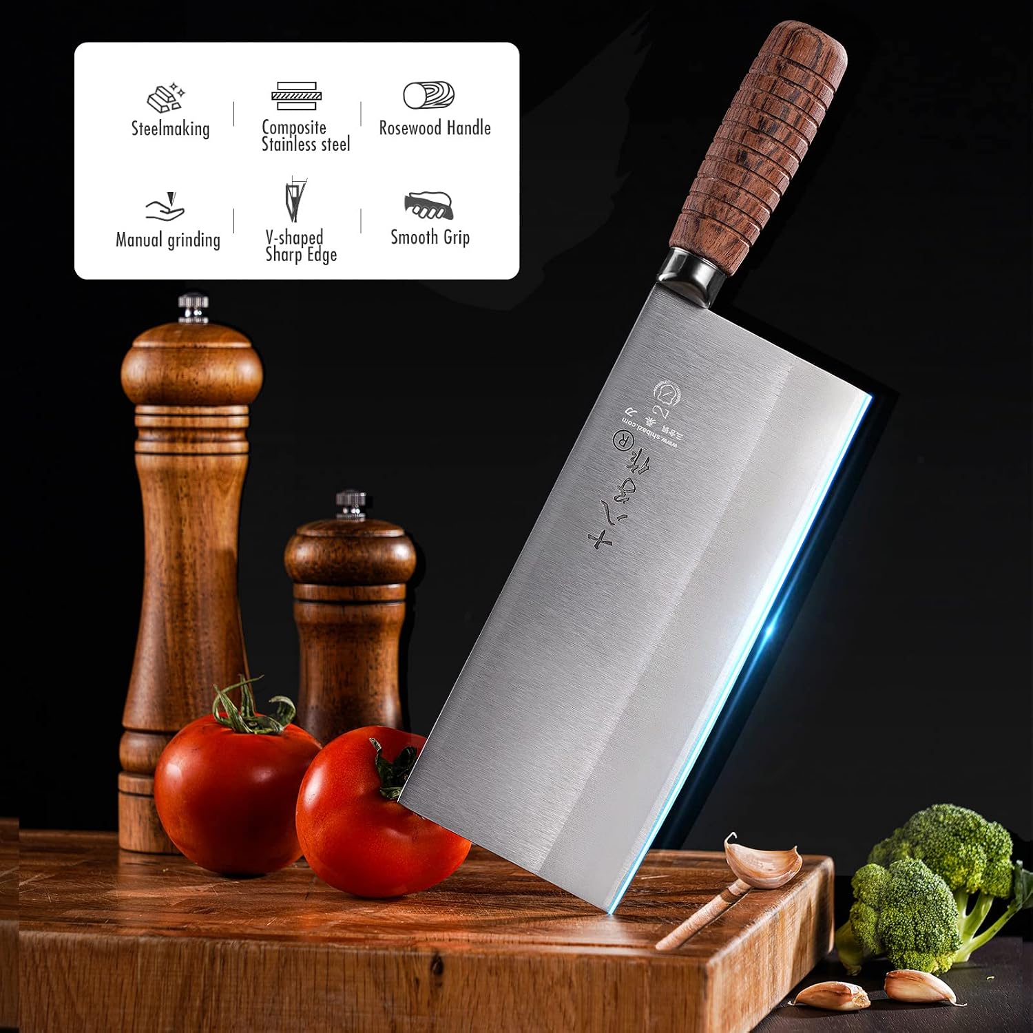Aldernest 8-inch Professional Cleaver - Stainless Steel Meat & Vegetable Knife with Non-stick Finish and Anti-slip Wooden Handle, 329 g, 8.1"