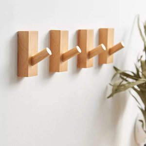 Elmgate Adhesive Wood Wall Hooks, Decorative Coat Hooks Hat Rack, Beech 4P, 4.8 ounces, Rectangle-Beech