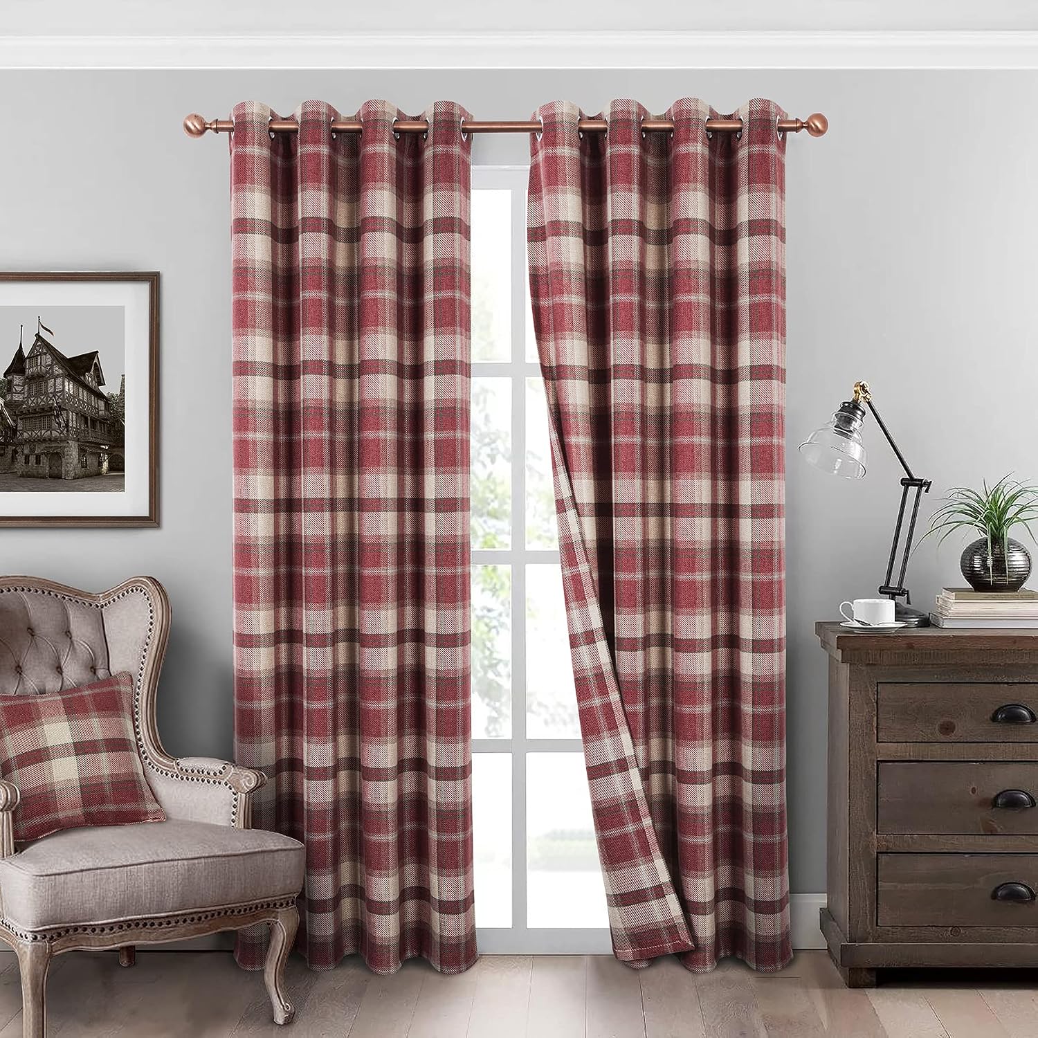 Ashenby Classic Red Plaid Curtains Highland Woolen Look Tartan Farmhouse Window Treatment Grommet Checked Curtains for Living Room Bedroom 2 Panels 45