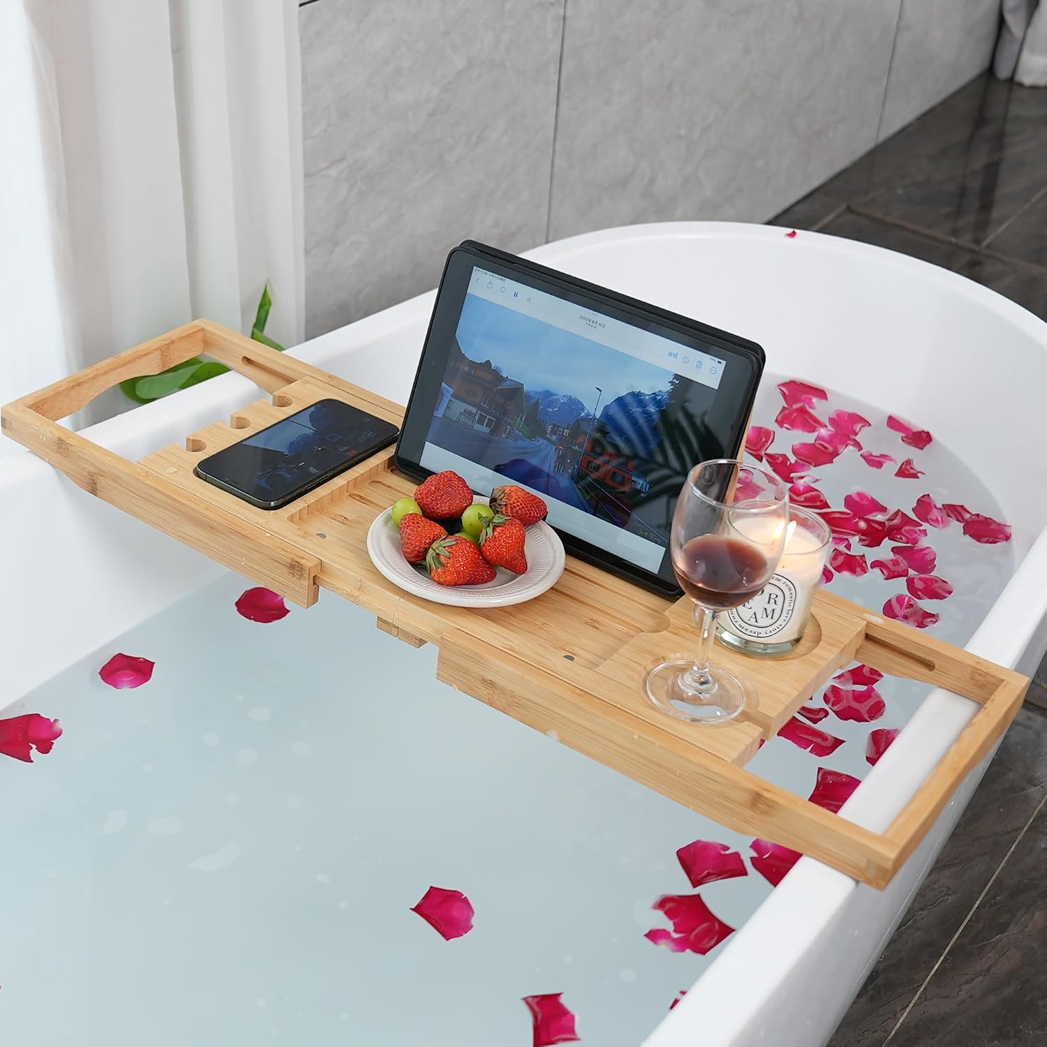 Aldernest Bamboo Bathtub Caddy Tray for Tub, Expandable Bath Table Trays, 1.8 kg