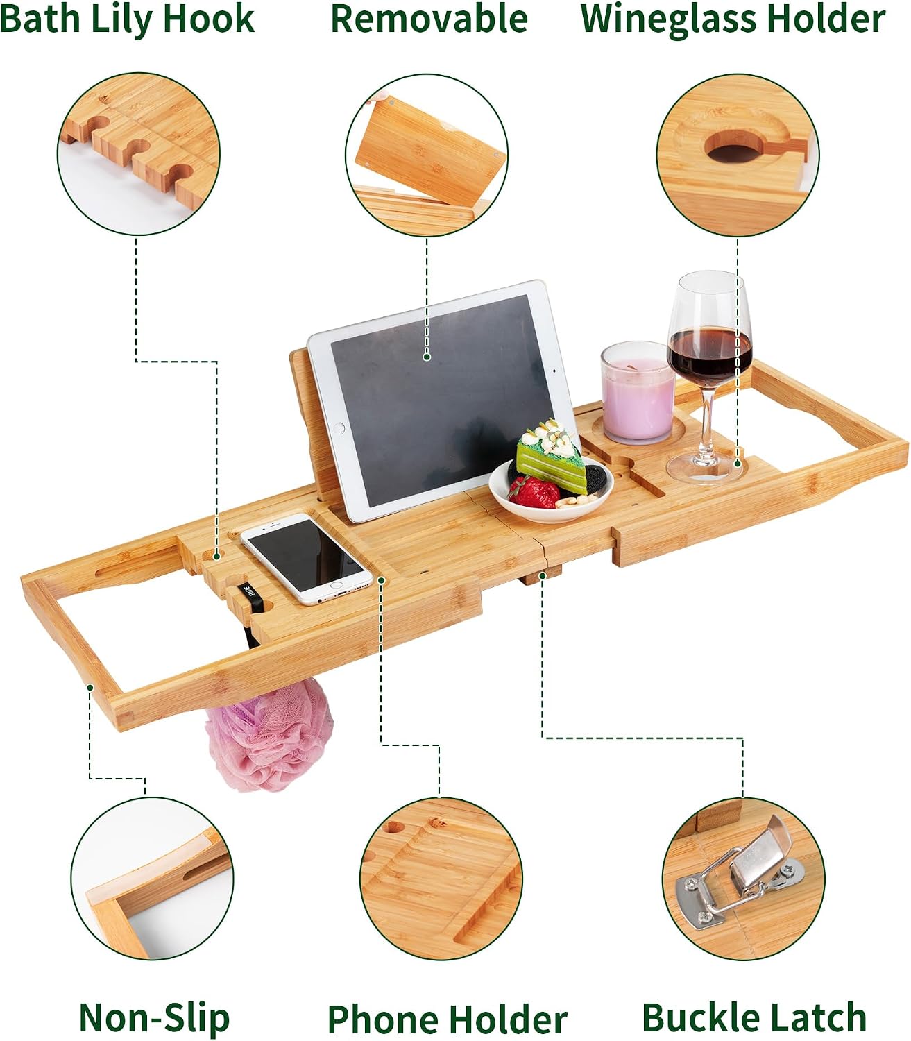 Aldernest Bamboo Bathtub Caddy Tray for Tub, Expandable Bath Table Trays, 1.8 kg