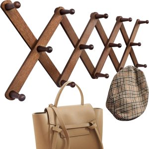 Copperlyn Accordion Wall Hanger with 14 Pegs, Expandable Wooden Coat & Hat Rack, 16 ounces, Walnut Color