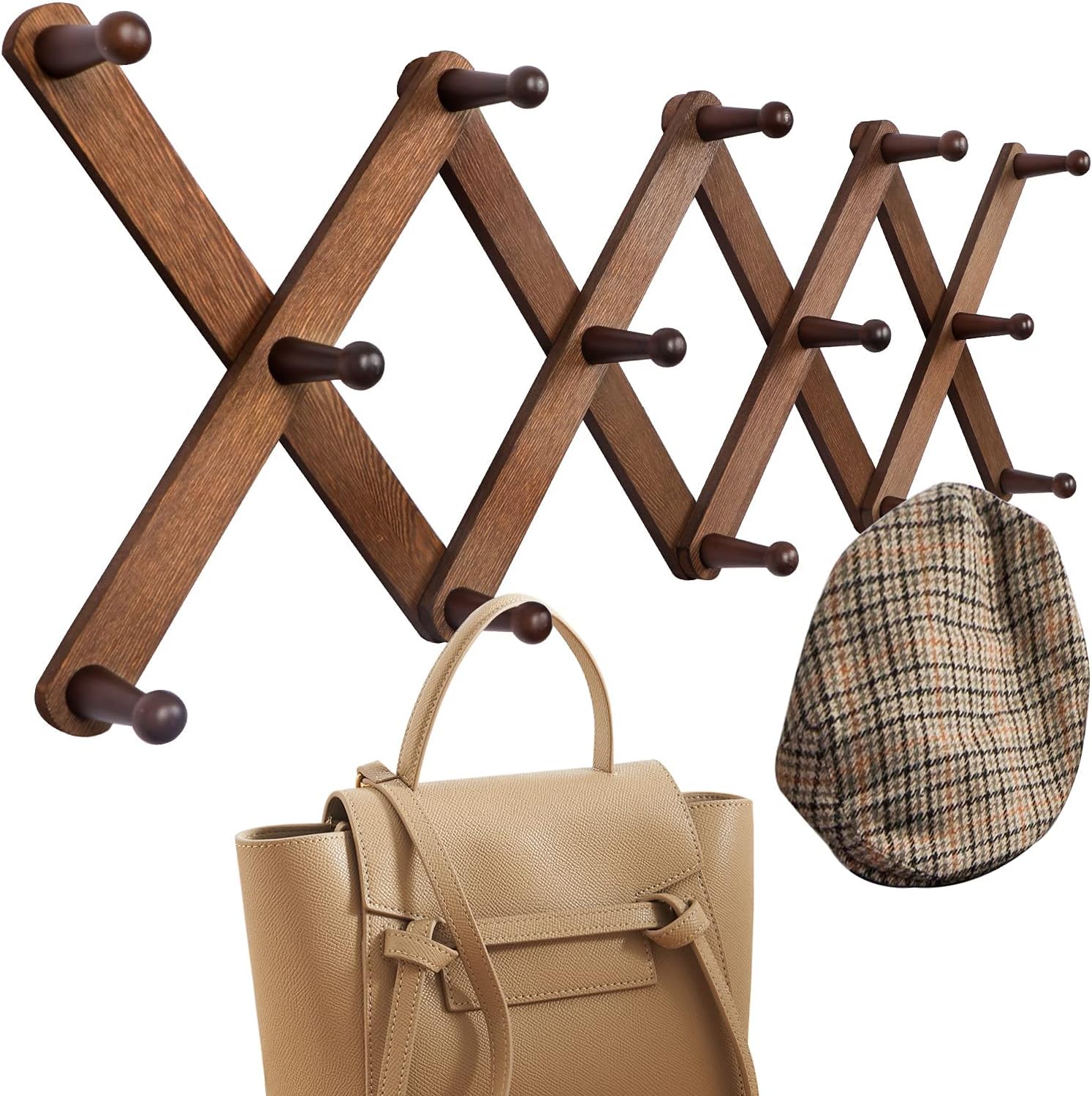 Copperlyn Accordion Wall Hanger with 14 Pegs, Expandable Wooden Coat & Hat Rack, 16 ounces, Walnut Color