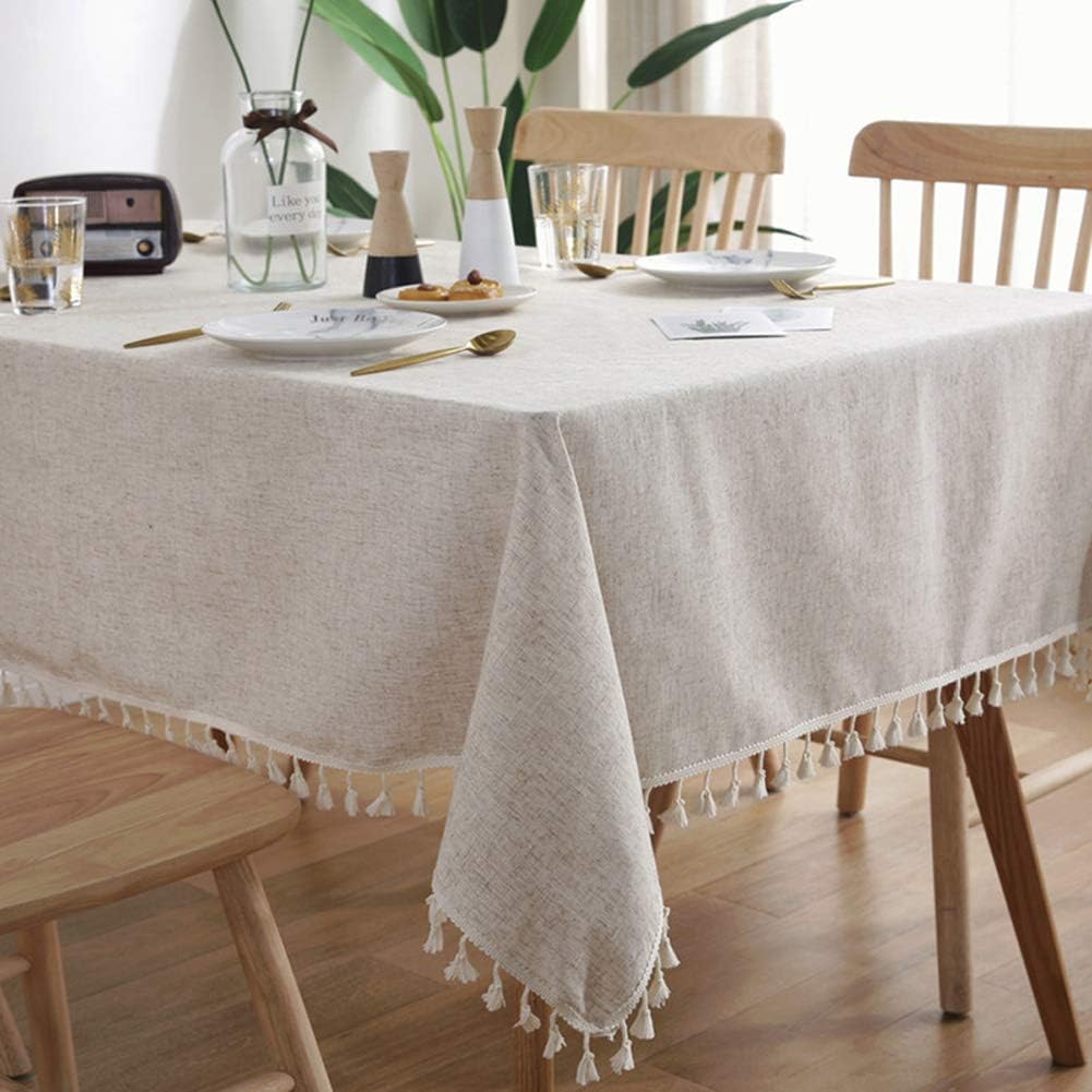 Barleyfield Washable Cotton Linen Tablecloths Fabric Tassel Tablecloth Dust-Proof Table Cover for Kitchen Dinning Tabletop Home Decoration Everyday
