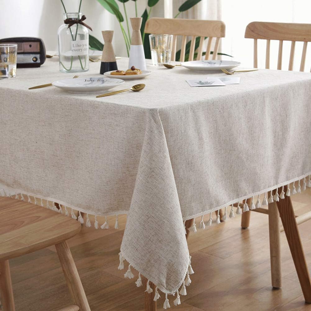 Barleyfield Washable Cotton Linen Tablecloths Fabric Tassel Tablecloth Dust-Proof Table Cover for Kitchen Dinning Tabletop Home Decoration Everyday
