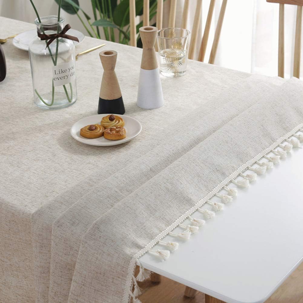 Barleyfield Washable Cotton Linen Tablecloths Fabric Tassel Tablecloth Dust-Proof Table Cover for Kitchen Dinning Tabletop Home Decoration Everyday