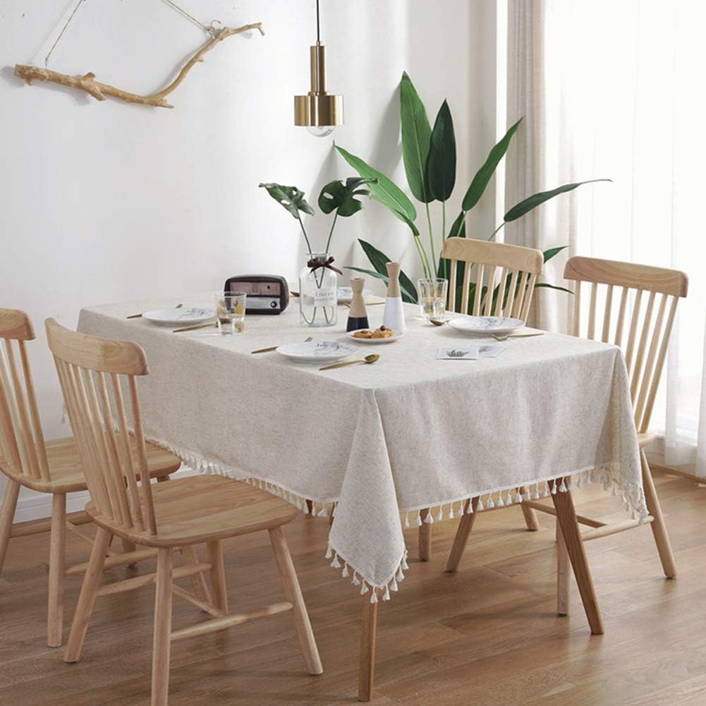 Barleyfield Washable Cotton Linen Tablecloths Fabric Tassel Tablecloth Dust-Proof Table Cover for Kitchen Dinning Tabletop Home Decoration Everyday