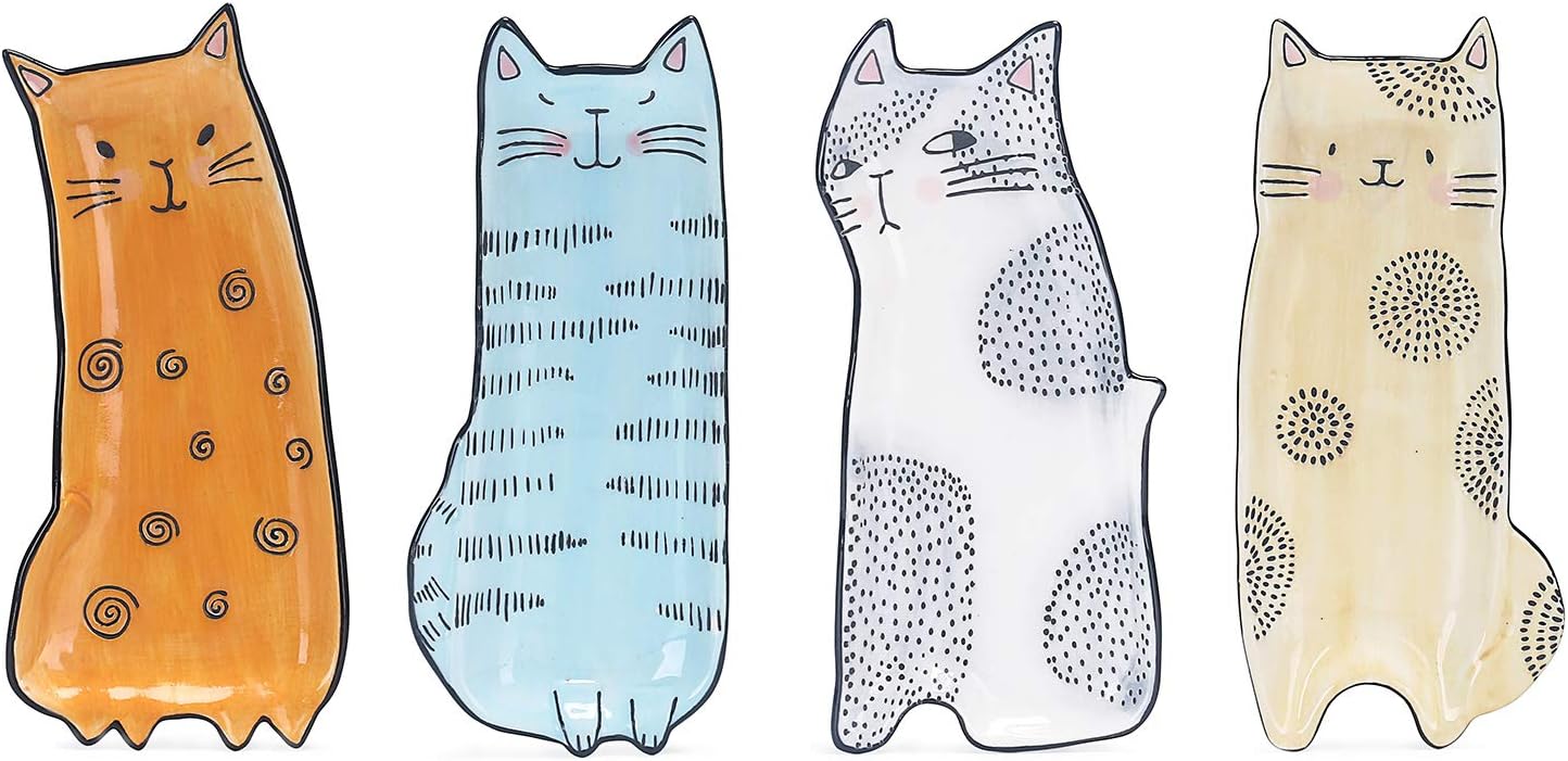 Aldernest Cartoon Cat Appetizer Plates Set of 4, Cat-Shaped Ceramic Plates, Medium, Cats