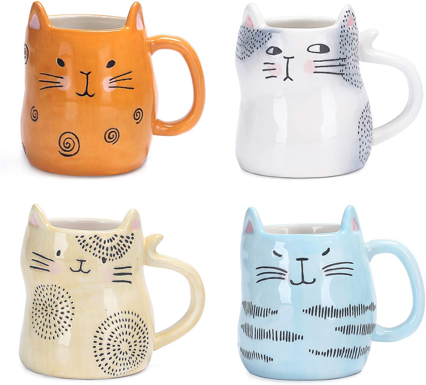 Aldernest Cat Coffee Mugs Set of 4, Cute Cat Ceramic Mugs with 3D Ears, 10 oz, 1.2 pounds, Cats