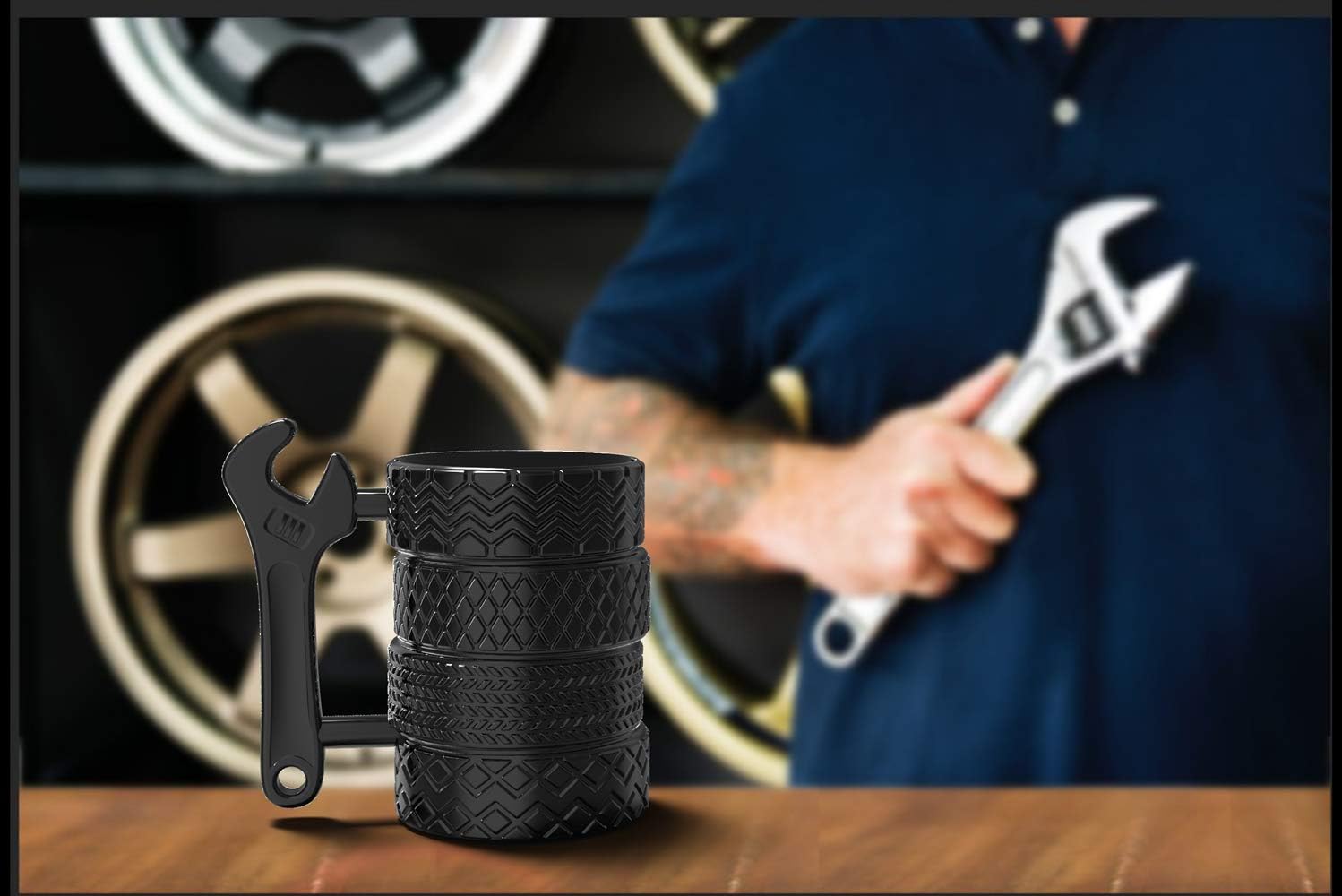 Barleyfield Tire Coffee Tea Mug Gift for Car Lovers Mechanics Car Enthusiasts Gifts for Man Birthday Gift, 12.35 ounces, 11.8 Ounces, Black