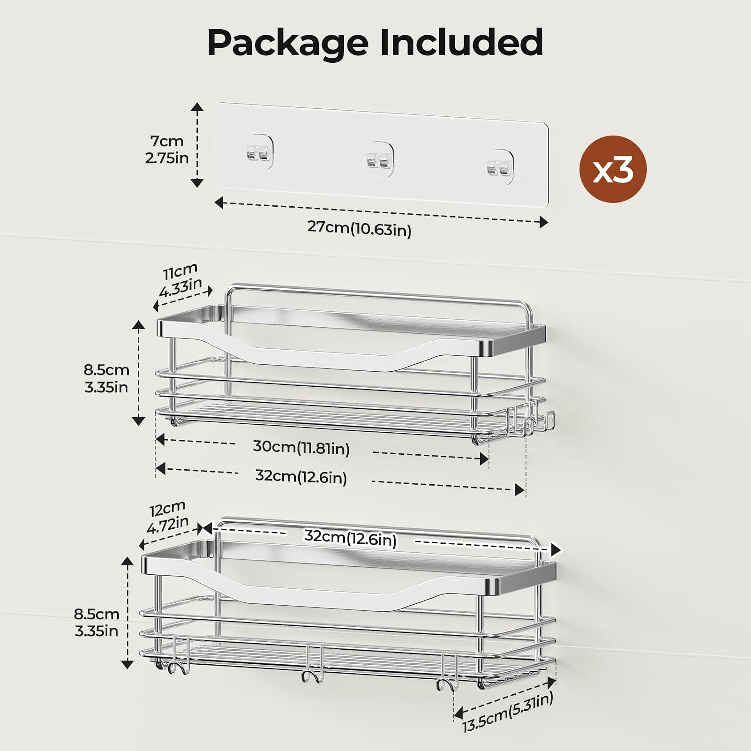 Barleyfield Shower Caddy Basket Shelf with 5 Hooks Adhesive Organizer Storage Rack Rust Resistant Wall Mounted Stainless Steel No Drilling for