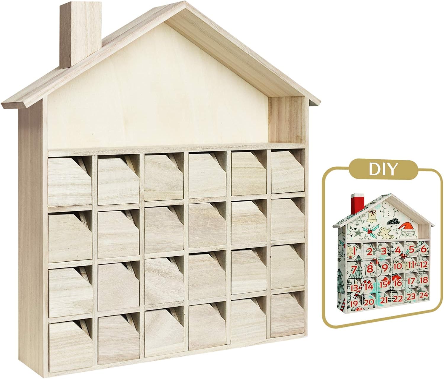 Aldernest Christmas Wooden Advent Calendar with Drawers, Unfinished Wooden, 0.91 kg, Log Cabin House