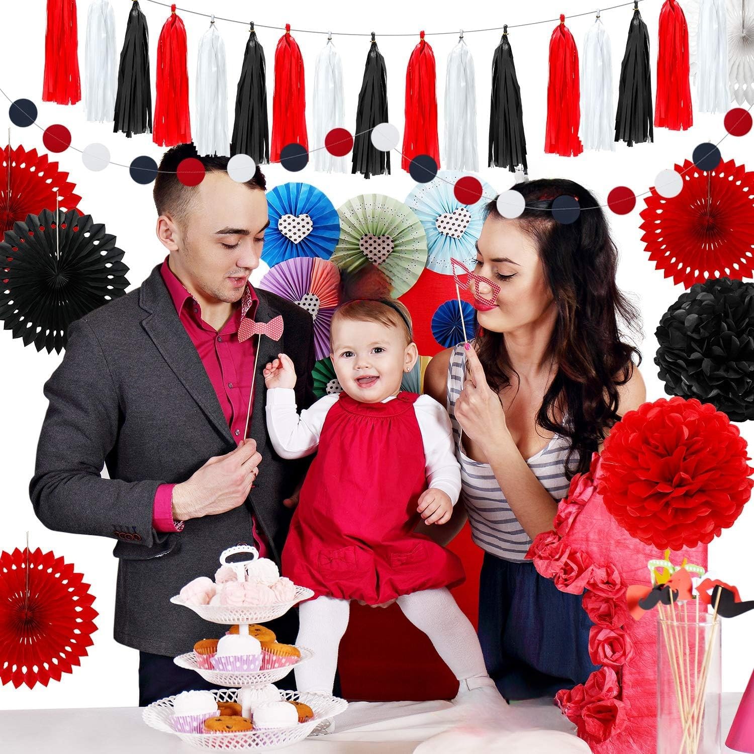 Ashenby 29 Pcs Red, Black and White Decorations for Graduation Birthday, White, Red, Black