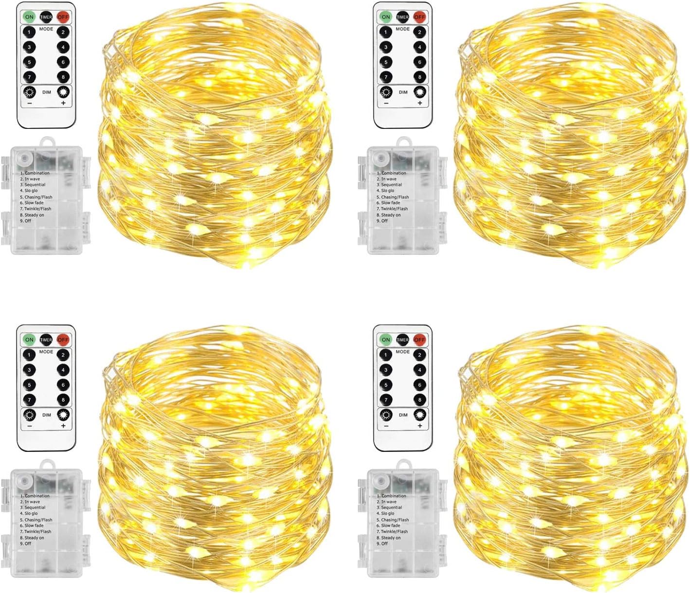 Maplewick 4 Pack 20 Ft 60 LED Fairy Lights Battery Operated Christmas Lights with Remote Waterproof 8 Modes Firefly Twinkle String Lights for Party