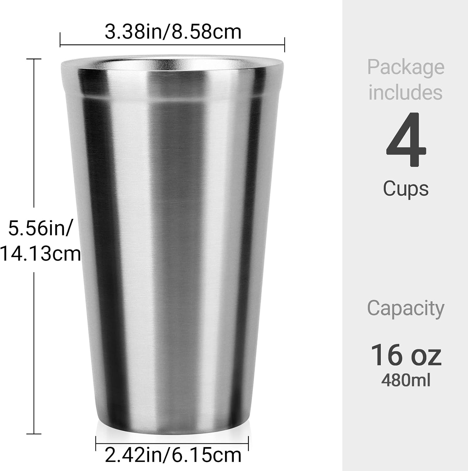 Barleyfield Stainless Steel Cups 16 oz, 283.5 g, 4 Count (Pack of 1), High Straight