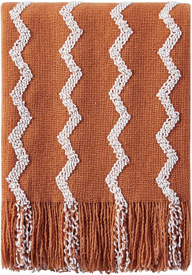 VelloHome Knitted Throw Blanket Boho Chenille Fluffy Blanket, Orange 60x80Inch, A-orange