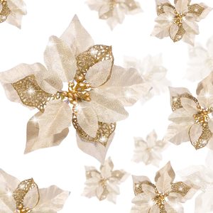 Ashenby 36 Pieces Christmas Poinsettia Glitter Faux Flowers Christmas Artificial Flowers Tree Ornaments Topper Xmas Decorations, 8.64 ounces, Gold
