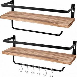 NestoraHome Kitchen Floating Shelves, Paulownia, Carbonized Black, Set of 2, 1.77 kg, 6D x 17W x 2.7H in, Natural Brown - Paulownia