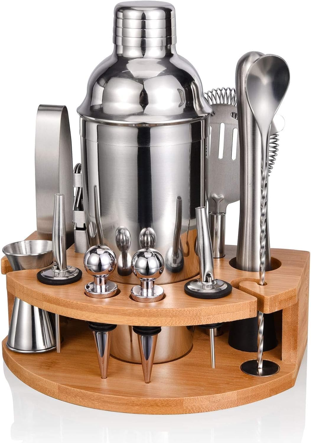 Aldernest Cocktail Shaker Set with Bamboo Stand, 2.6 pounds, Silver, 12
