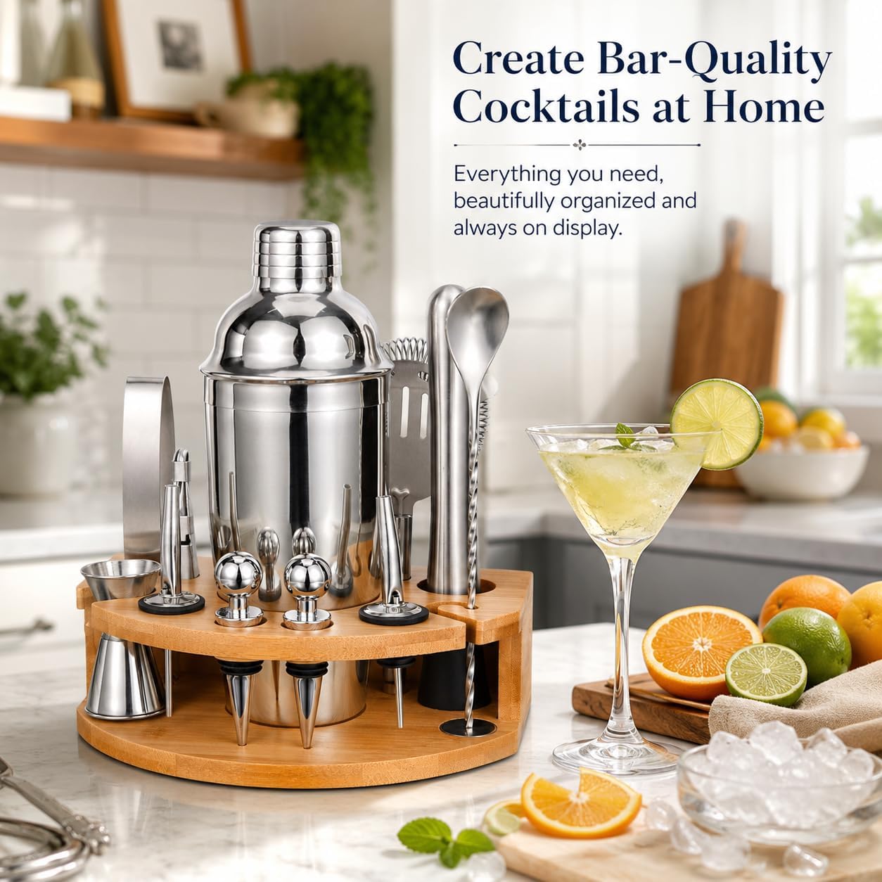 Aldernest Cocktail Shaker Set with Bamboo Stand, 2.6 pounds, Silver, 12