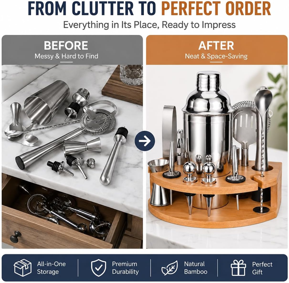 Aldernest Cocktail Shaker Set with Bamboo Stand, 2.6 pounds, Silver, 12